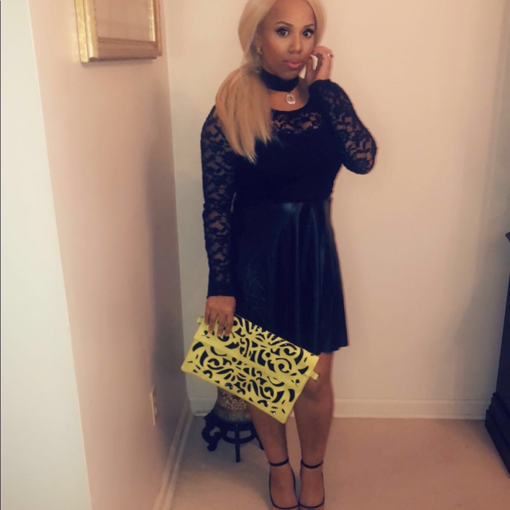 Black lace and leather fit and flare dress